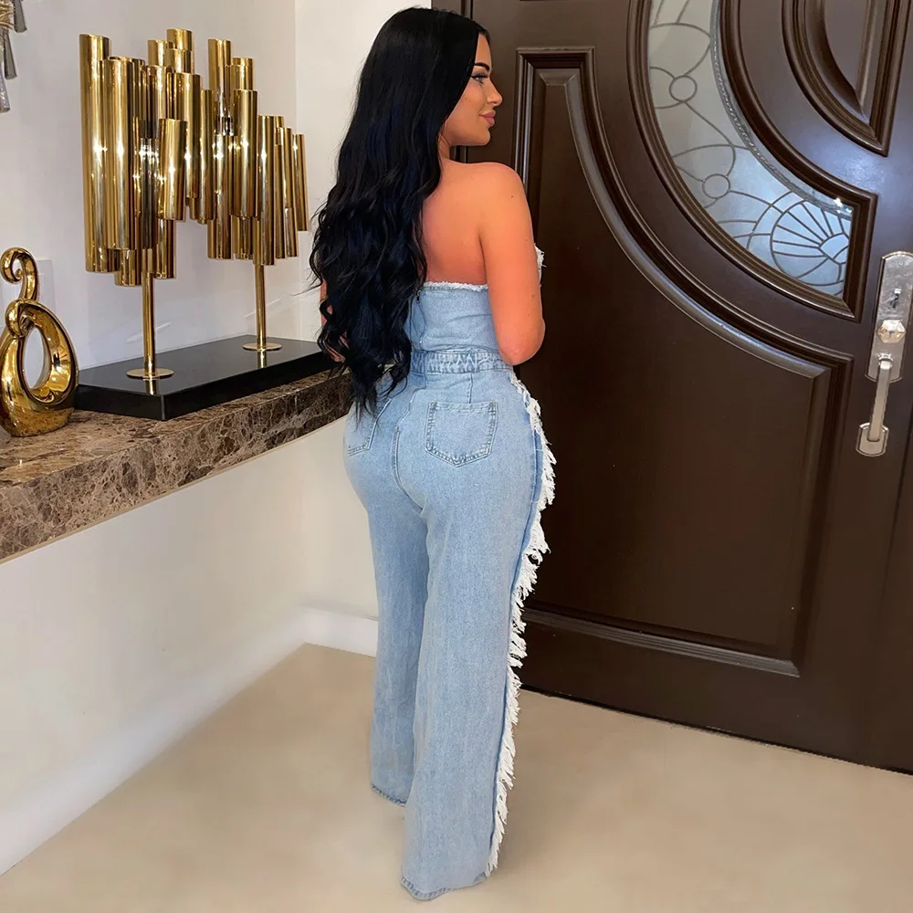 Vintage Hole Tassel Denim Jumpsuit Women 2023 New Fashion Sexy Off The Shoulder V Neck Rivet Club Party Romper Y2K One Pieces