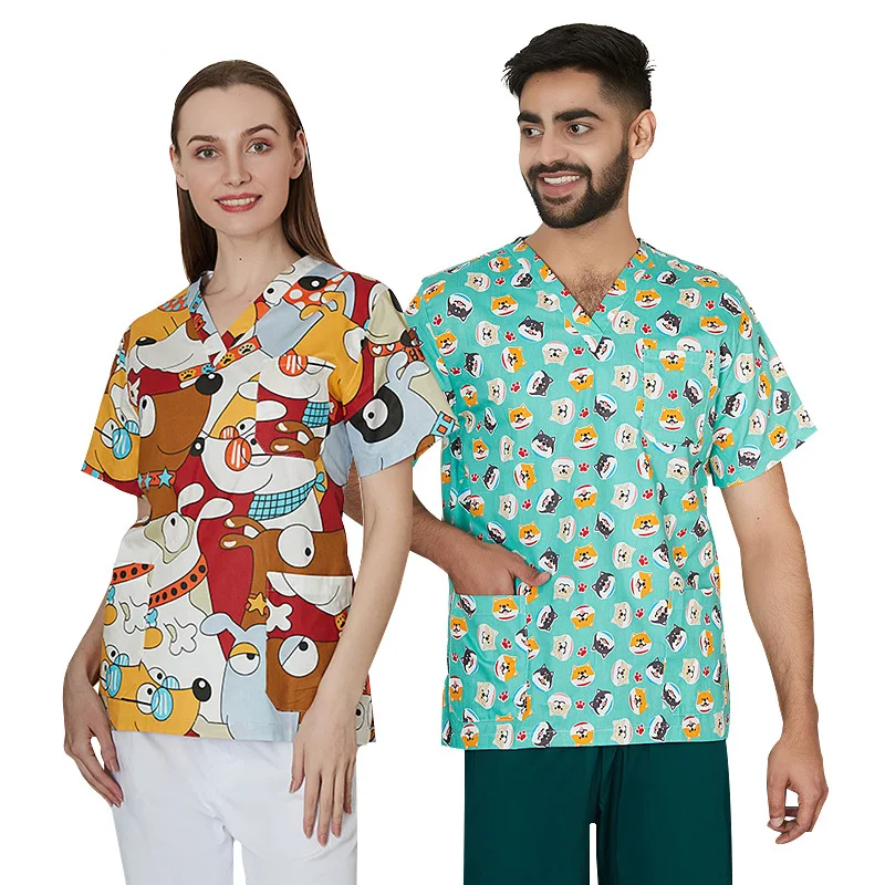 

Multicolor Cartoon Printed Nurse Doctor Uniform Women V-neck Short Sleeved T-shirt Top Surgical Workwear Uniform Men
