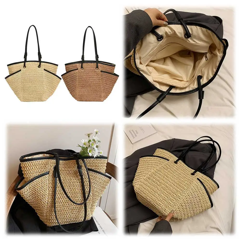 

Женская плетеная Сумка-тоут из соломы, модная вместительная плетеная Сумочка на плечо с несколькими карманами для улицы и путешествий