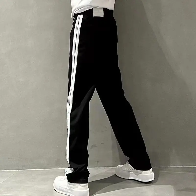 Spring Autumn Loose Casual Elastic Waist Straight Pants Men Simple Patchwork Fashion All-match Sweatpants Male Wide Leg Trousers