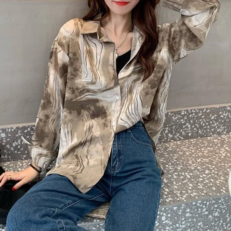 

2023 New Spring and Autumn Vintage Ink Print Polo Collar Button Cardigan Hong Kong Style Sunscreen Women's Long Sleeve Shirt