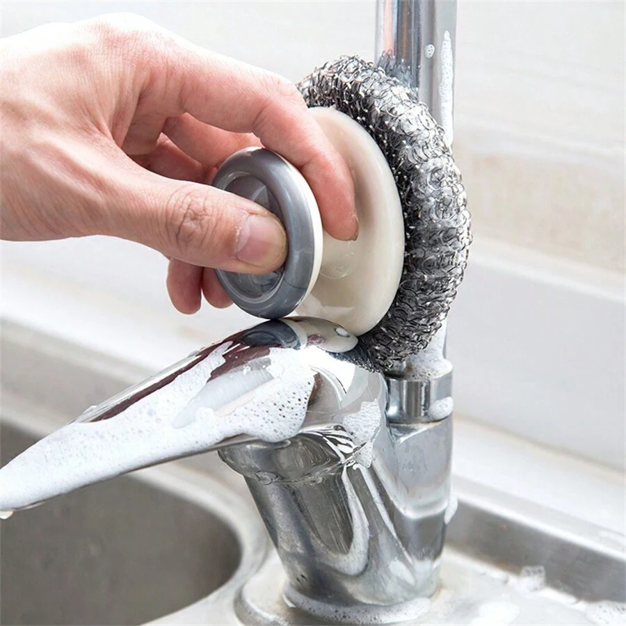 Stainless Steel Scourers Plastic Handle Steel Wool Scrubber Pad Kitchen Bathroom Cleaning Brush Dishes Pots Pans 1Pc