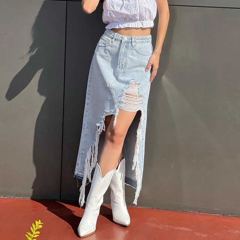 

Women Denim Skirts High Waist Split Ripped Hollow-out Asymmetric Cowboy Skort Streetwear Fashion Long A-line Skirt Summer