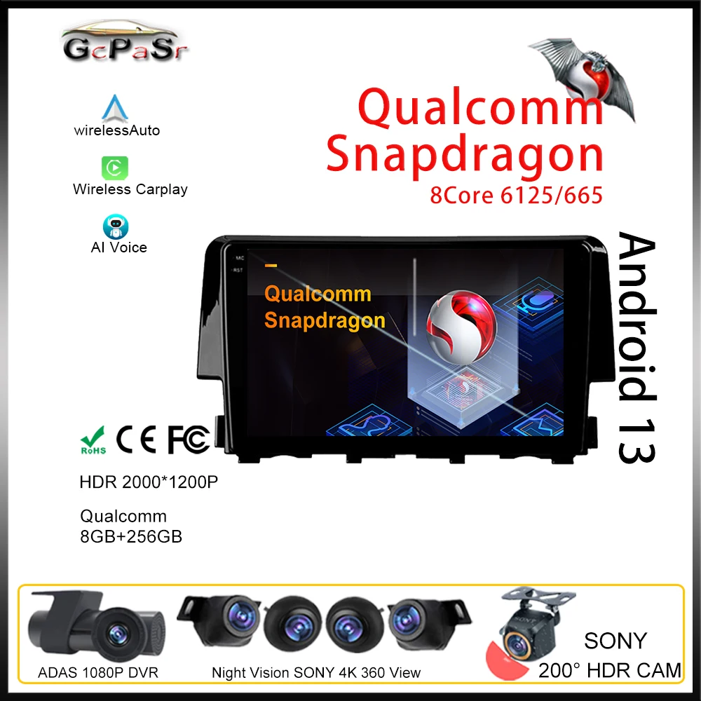 

Автомагнитола Qualcomm для Honda Civic 10 FC FK 2015 - 2020 Android, автомобильный радиоплеер, HDR процессор, QLED, стерео, Авторадио с GPS, видео, Wi-Fi, 2din