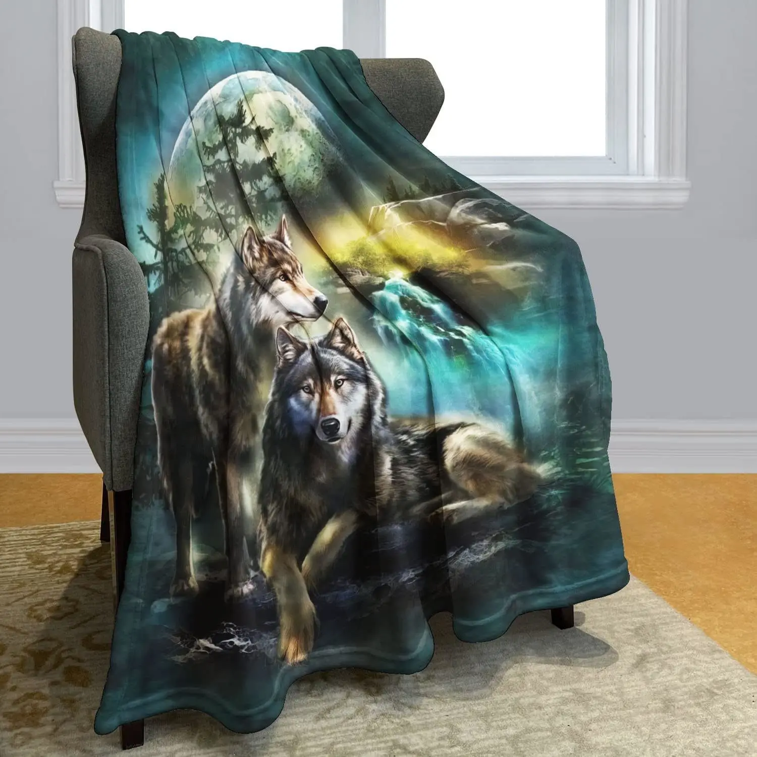 Wolf flannel blanket soft fluffy wool sofa bed moon wolf green blanket gift 3
