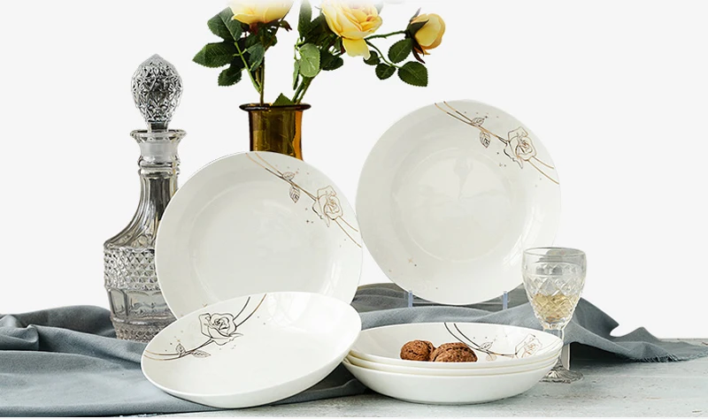 4pcs set, 8 inch, bone china dinner plates, golden rose, porcelain plates for food, ceramic dishes for serving, dinner plate set