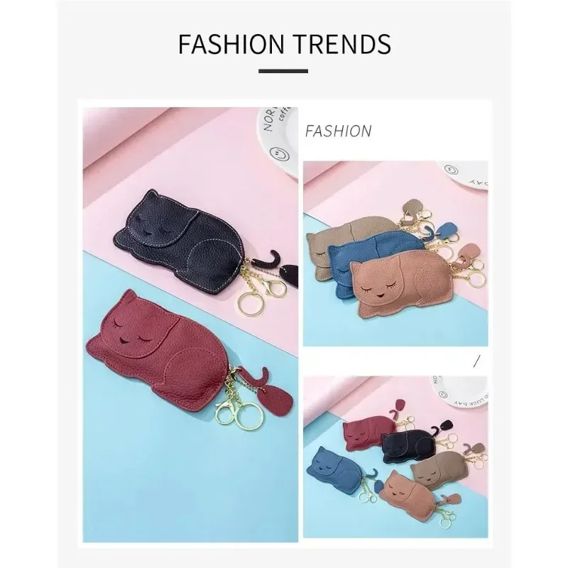 Genuine Leather Coin Purses Women Cartoon Cute Cat Zipper Key Holder Thin Purse Fashion Girls Coin Wallet Kids Change Pouch Bag