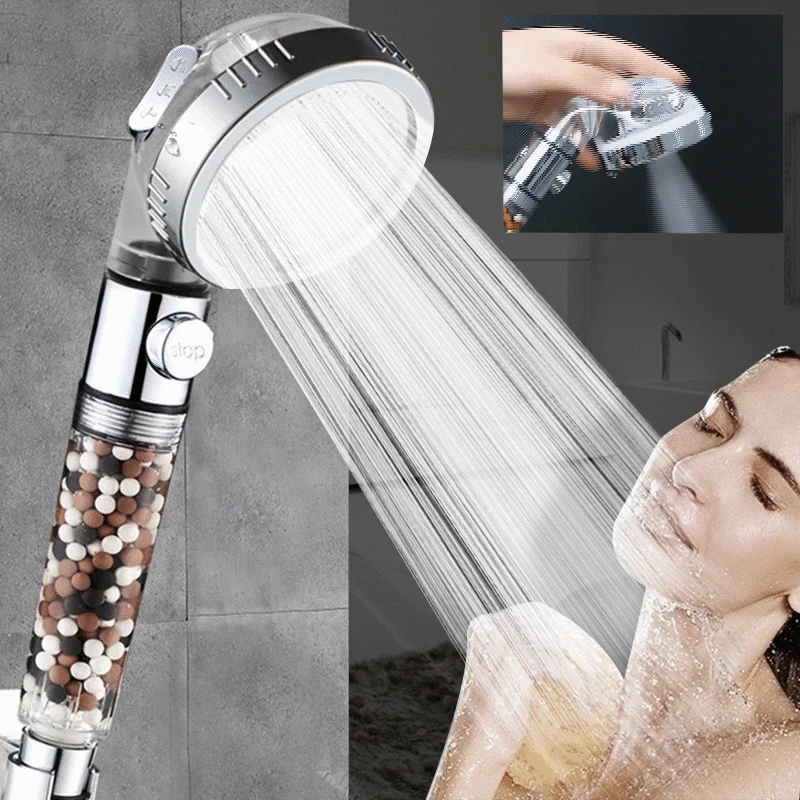 

High Pressure 3 Modes Adjustable Shower Head Water Saving SPA Tourmaline Filter Balls Switch Button Spray Nozzle Bathroom shower