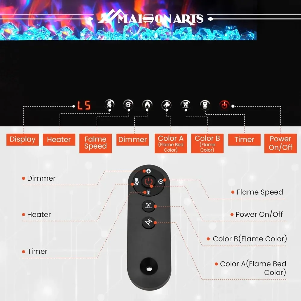 72" Electric Fireplace Indoor Wall Mounted & Recessed Fireplace Heater with Remote Control & Touch Screen,Timer, Fire Place 5
