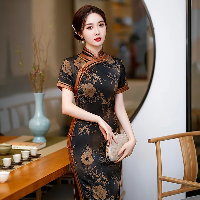 

Short Sleeve Slim Party Qipao Dresses For Women Mandarin Collar Cheongsam Spring Elegant Retro Chinese Traditional Style Dress