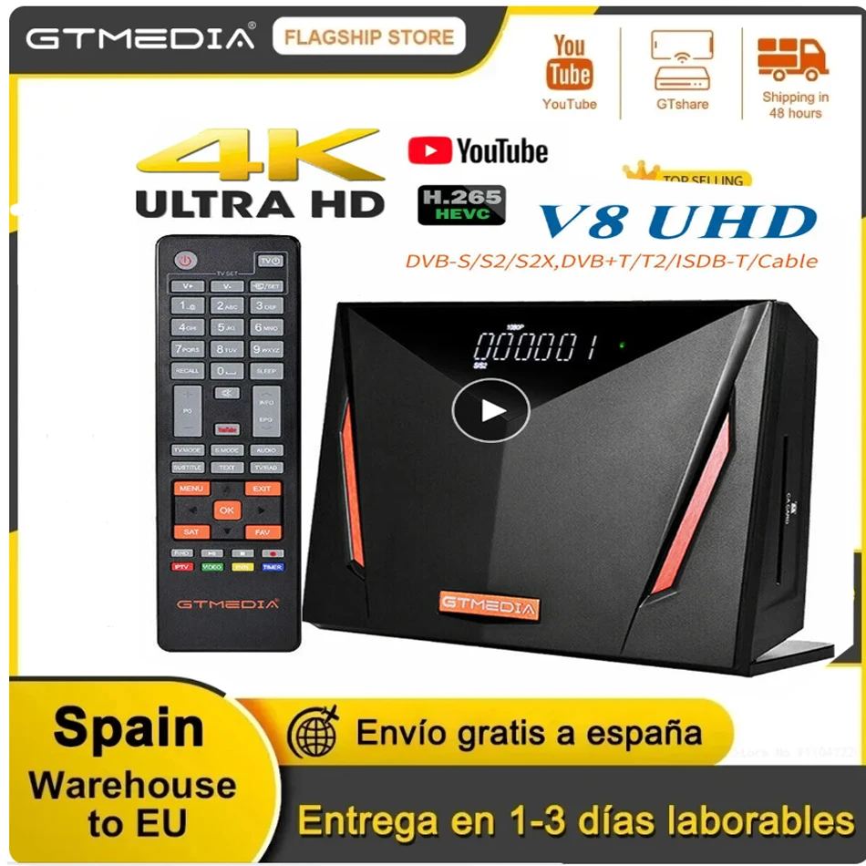  GTMEDIA V8 UHD Receptor Satélite 4K Digital Terrestre  Decodificador FTA H.265 TV Sat DVB-S/S2/S2X+T/T2/Cable/ISDB-T/ATSC-C  incorporado 2.4G WiFi, Soporta CA Smart Card, Biss Auto-roll : Electrónica