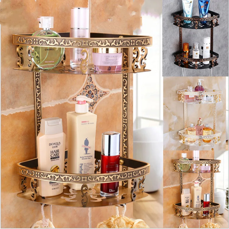 

Bathroom Shelf Antique Aluminum Double Layer Bathroom Corner Shelf Bathrooms Holder Showeroom Basket Bathroom Accessories