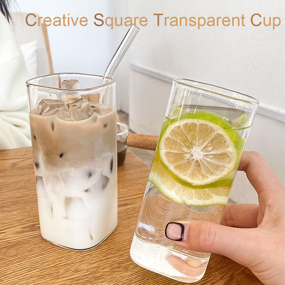 400ML Borosilicate Glass Cup With Iid And Straw Heat-Resistant Transparent Square Glass Bottle Tea Cup Coffee Cup Holiday Gift.