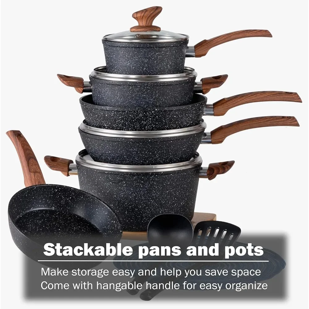 12 Piece Cooking Pan Set, Granite Black Nonstick Pots and Pans Set, Induction Pots and Pans Set Non Stick