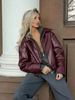 HH الشارع بولي Leather سترة نسائية جلدية خمر موضة سستة كم طويل معطف الإناث 2024 الخريف بدوره إلى أسفل طوق سيدة أبلى
