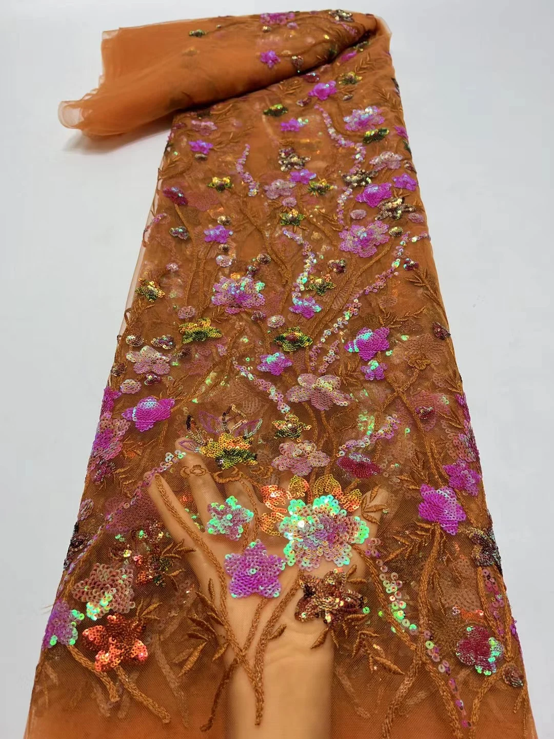 

Burnt Orange African Embroidery Applique Tulle Lace Fabric 2023 High Quality French Sequins Mesh Lace Fabric For Woman Dress Sew