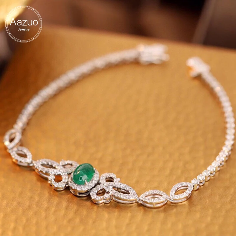 Aazuo Fine Jewelry 18K Solid White Gold Real Diamonds Natural Emerald Flower String Bracelet Gifted For Women High Cass Banquet