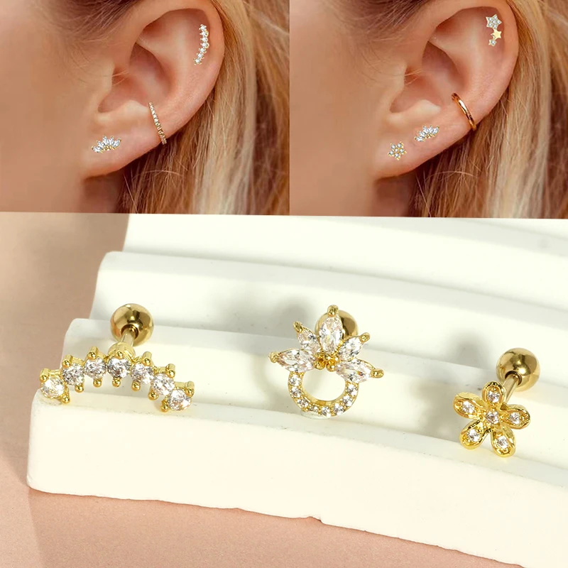 3Pc 16G Stainless Steel Helix Piercing Jewelry Screw Flat Back Stud Earrings for Women Gold Cartilage Earring Conch Daith Rings