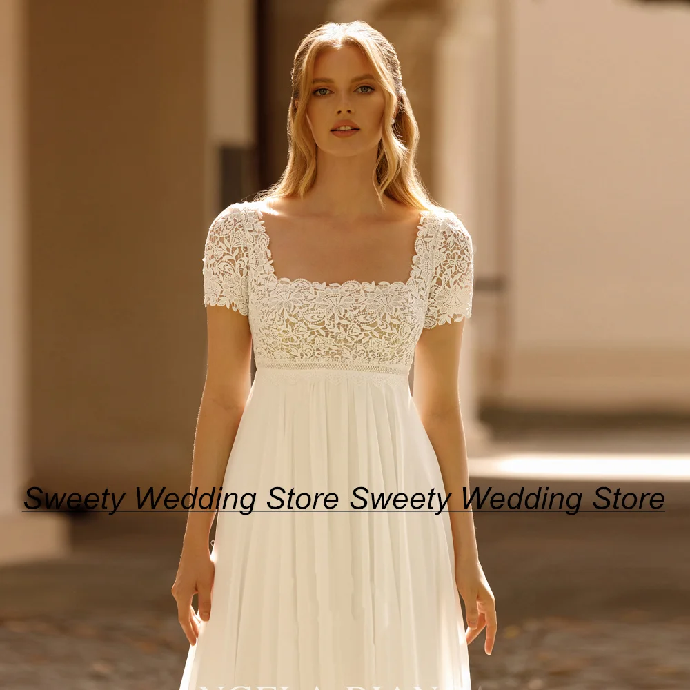 Jiayigong Beach Wedding Dress for Pregnant Bride Short Lace Sleeves Square Neck Chiffon A Line Empire Bridal Gowns