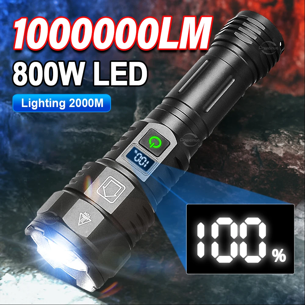 1000000LM 800W Powerful Flashlight Rechargeable High Power LED Flashlights Long Range 2000m Spotlight Tactical Torch LED Lantern
