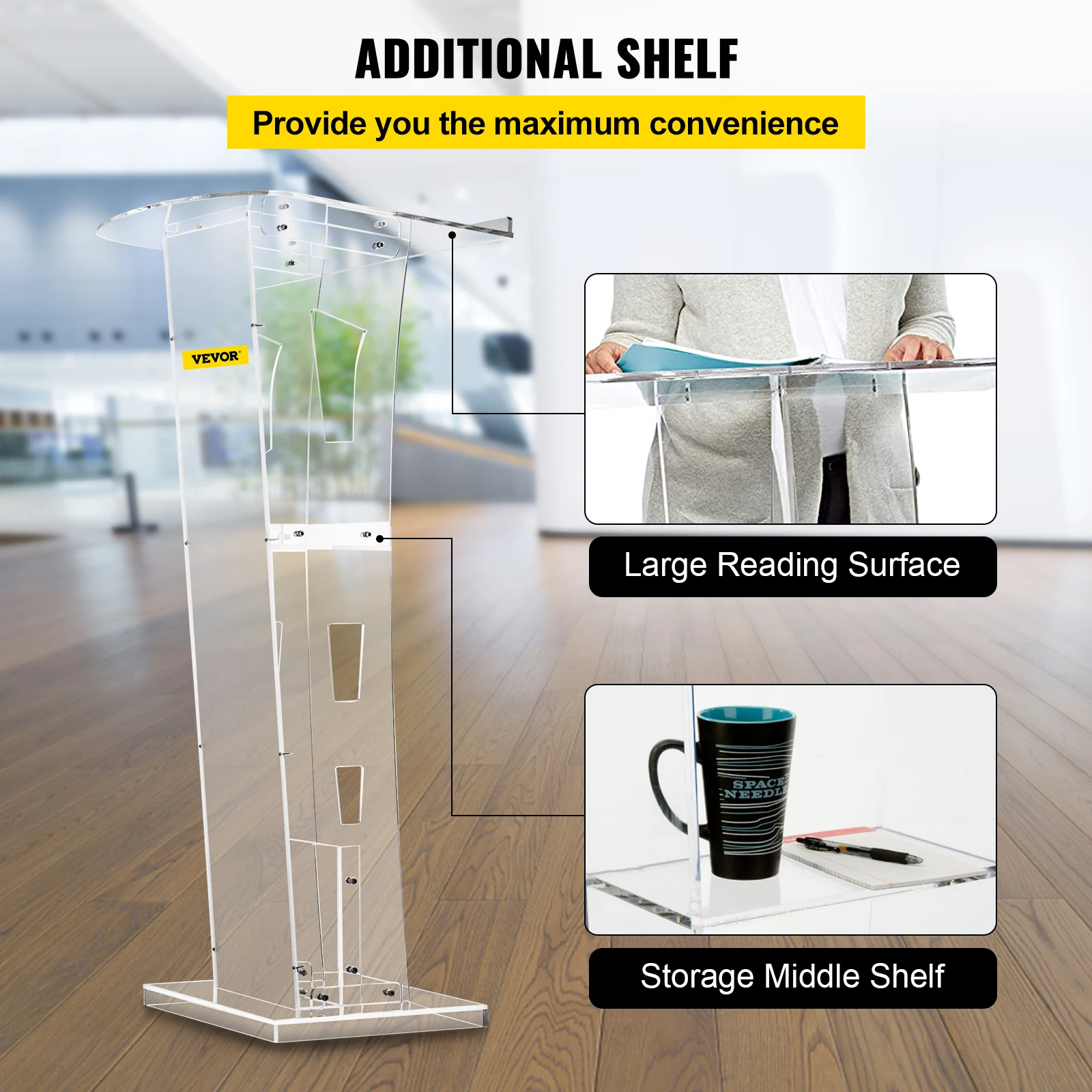 VEVOR Acrylic Podium 45in Tall Plexiglass Podium 47.5in School Table Acrylic Pulpits for Churches with 8 mm Thick Acrylic Board 5