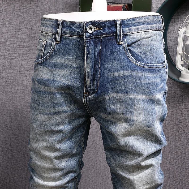 Italian Style Fashion Men Jeans High Quality Retro Blue Stretch Slim Fit Ripped Jeans Men Vintage Designer Denim Pants Hombre