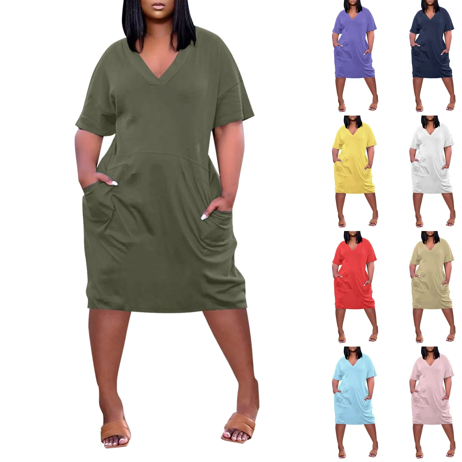 

2024 Large Women'S Fashion Casual Dress Summer Plus Size V Neck Short Sleeve Knee Pocket Soild Color Casual Dress For Women