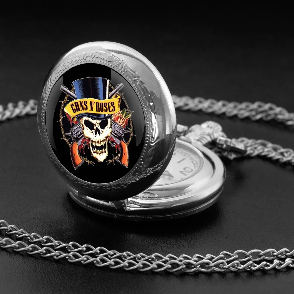 Guns N Roses Rock Art 인쇄 빈티지 유리 돔 라운드 다이얼 포켓 시계 체인 펜던트 남성/여성 어린이를위한 절묘한 선물