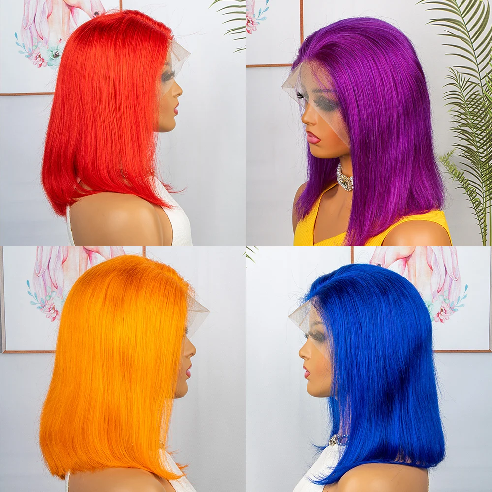 Colorful Hair Straight Bob Wigs 220% Density Human Hair 13x4 Lace Front Human Hair Wig for Black Women 12 14 Inches
