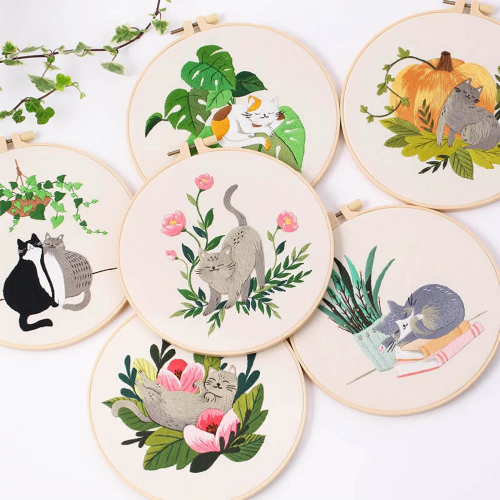 Diy Cat Embroidery Starter Kit With Embroidery Hoops Threads Needles Cross Stitch Kits For Beginners