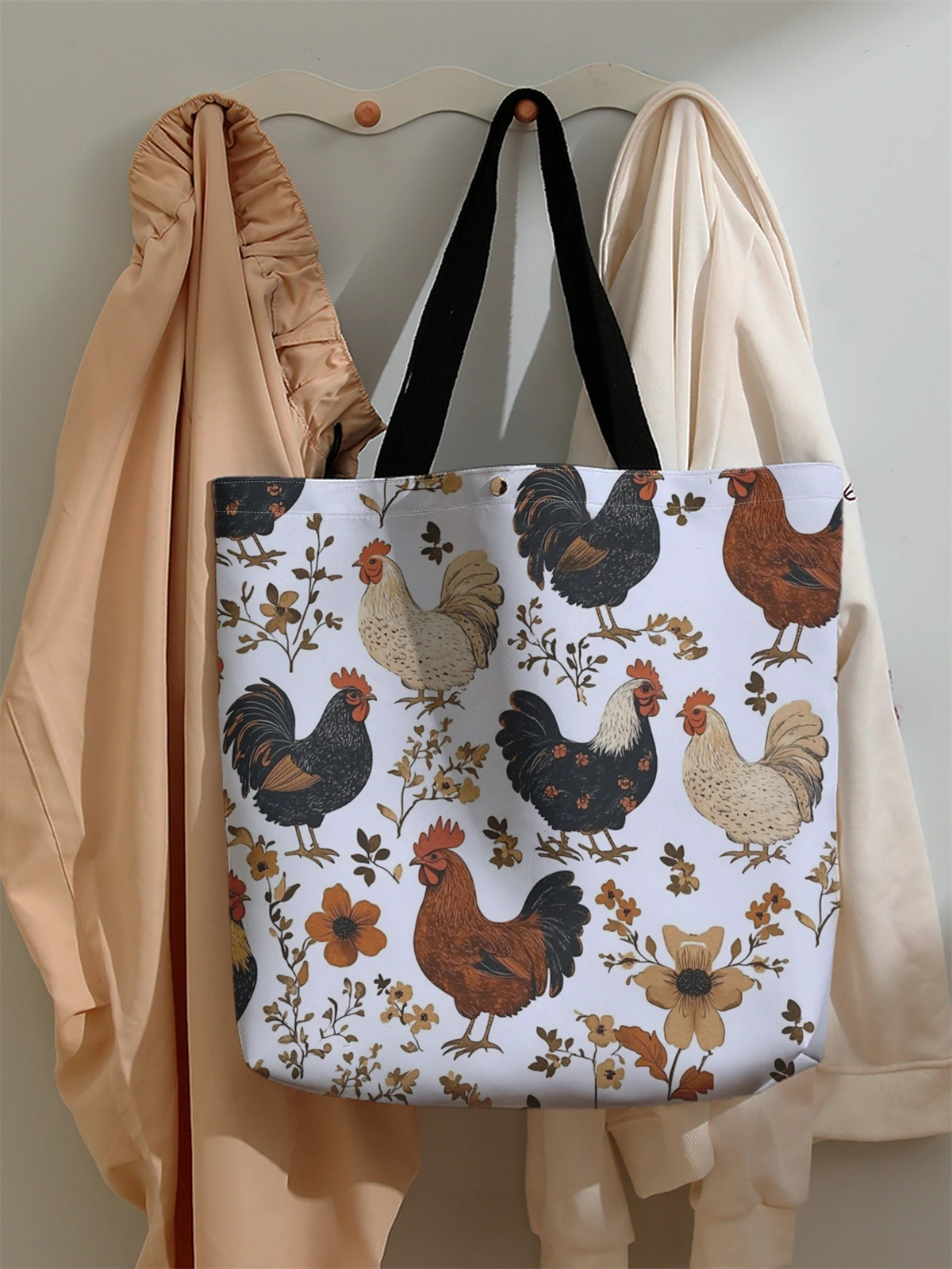 1pc， Rooster pattern handbag, reusable fashionable handbag, multifunctional handbag, printed canvas shopping bag