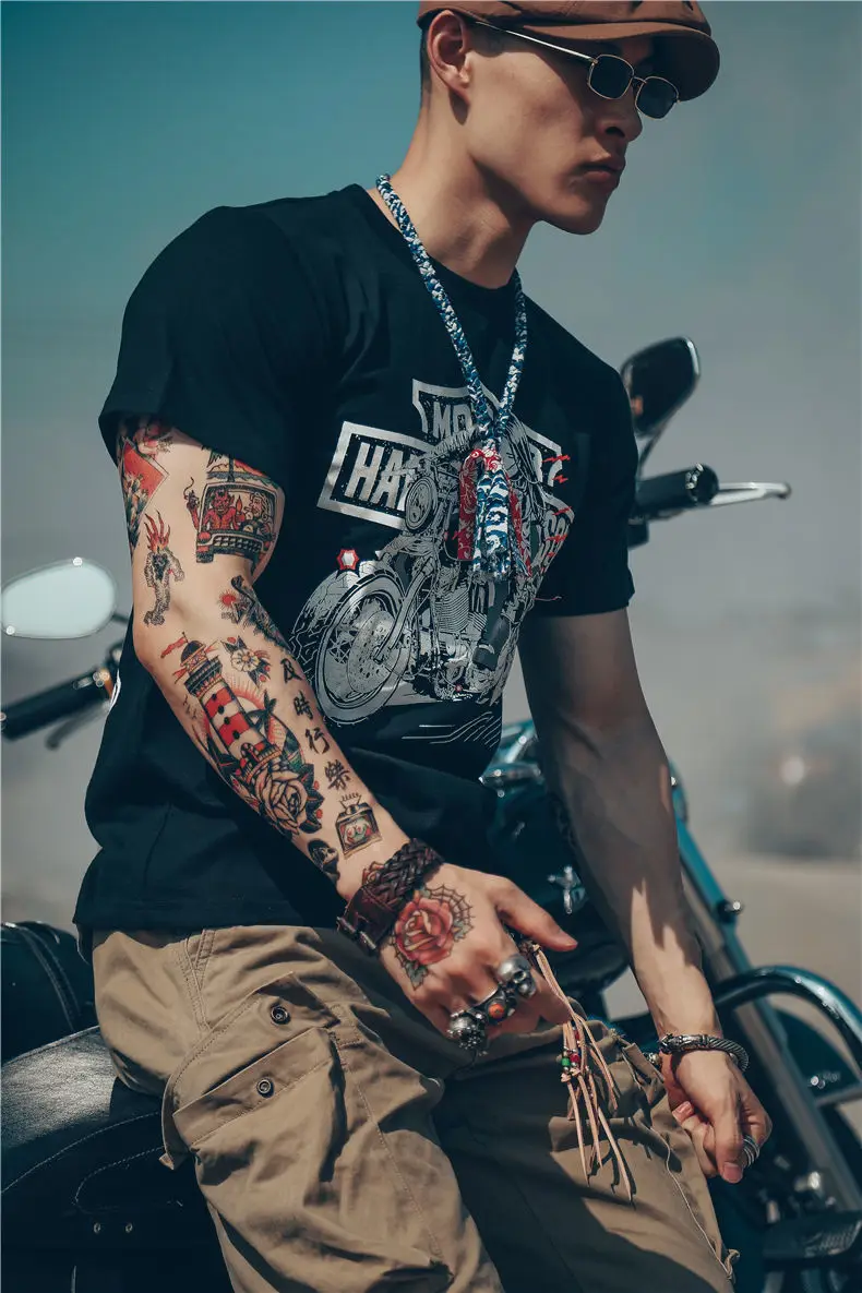 white graphic tees 2022 Summer New Men's t-shirt Black Motorcycle Print Short Sleeves Casual Top Tees O-Neck Vintage Cotton T-Shirt Hip Hop Clothes white t shirt