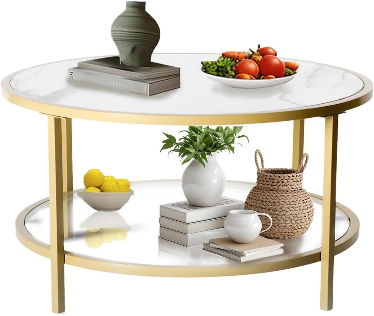 Coffee Table, Small Round Coffee Table with Faux Marble Top and Glass Storage Shelf, 2-Tier Circle Center Table for Living Room 2