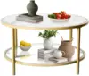 Coffee Table, Small Round Coffee Table with Faux Marble Top and Glass Storage Shelf, 2-Tier Circle Center Table for Living Room 2