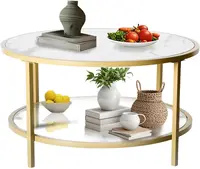 Coffee Table, Small Round Coffee Table with Faux Marble Top and Glass Storage Shelf, 2-Tier Circle Center Table for Living Room 2