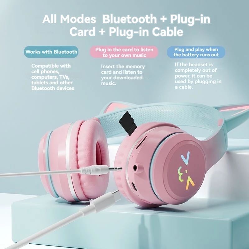 RGB Glow Earphones Wireless Earbuds 5.3 Cat Ear Bluetooth Sports Headphones...