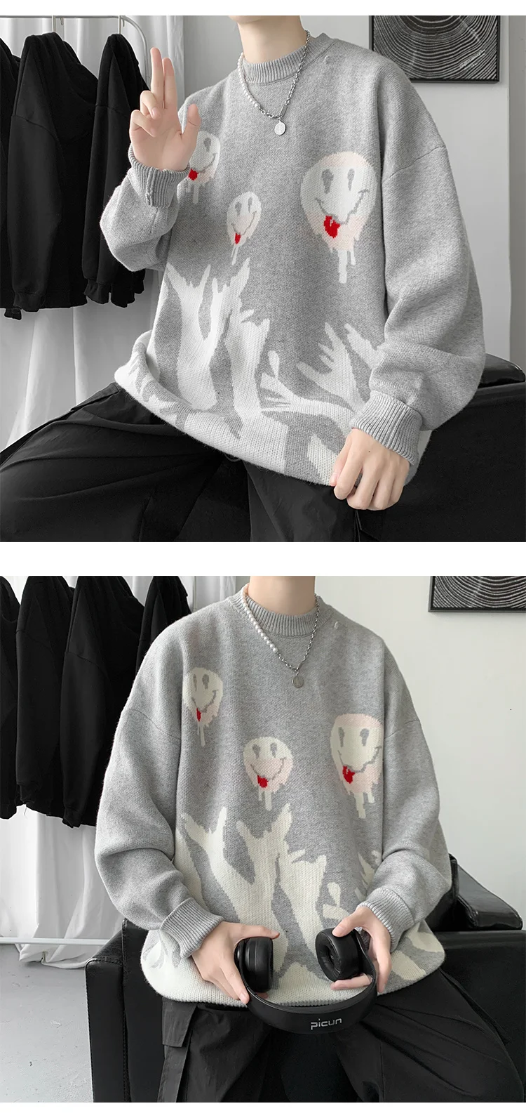 Hybskr  Smiley Face Loose Sweater Men 2022 Autumn Winter Pullovers Korean Style Casual Streetwear Men O-neck Knitted Sweaters men's round neck sweaters