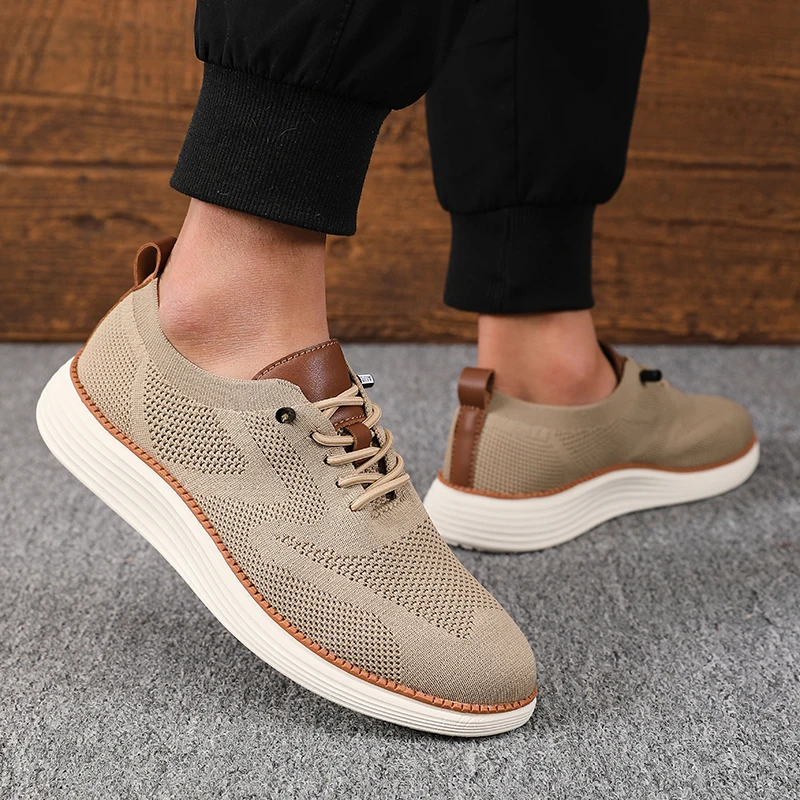 New Men's Classic Walking Shoes Summer Knitted Mesh Breathable Flat Shoes Lightweight Soft Sole Solid Color Lace Up Casual Shoes