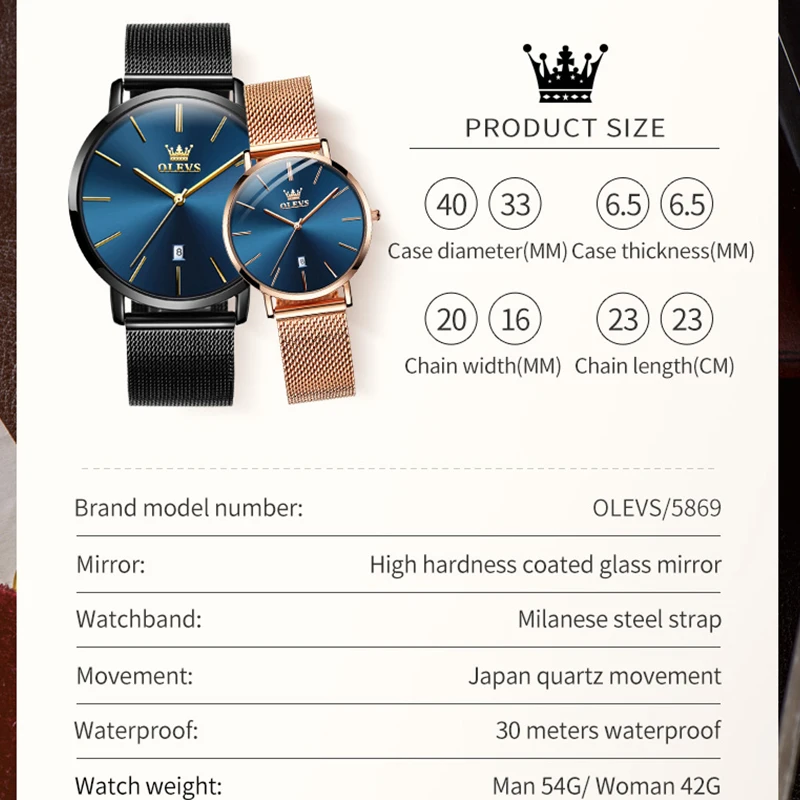 OLEVS Quartz Couple Watches Luxury Milanese Steel Strap Waterproof Calendar Dial Ultra Thin Fashion Business Wristwatch Gift Set
