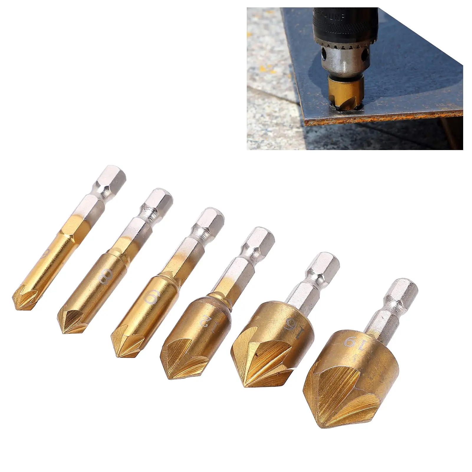 

6Pcs Countersink Drill Bit Set 1/4'' Hex Titanium Chamfering Drill Bits HSS 5 Flute Countersink Mill Cutter Center Punch Tool