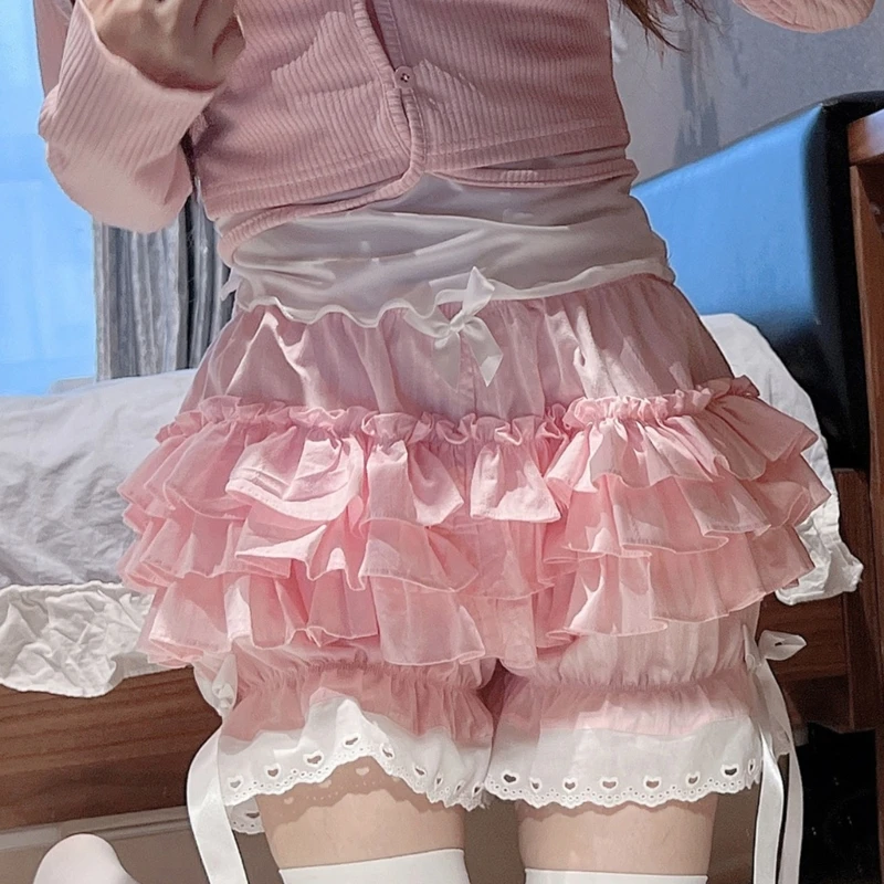 Sweet Layered Ruffled Lace Pink Pumpkin Shorts for Women Girls Japanese Vintage Victorian Bowknot Bloomers Pant