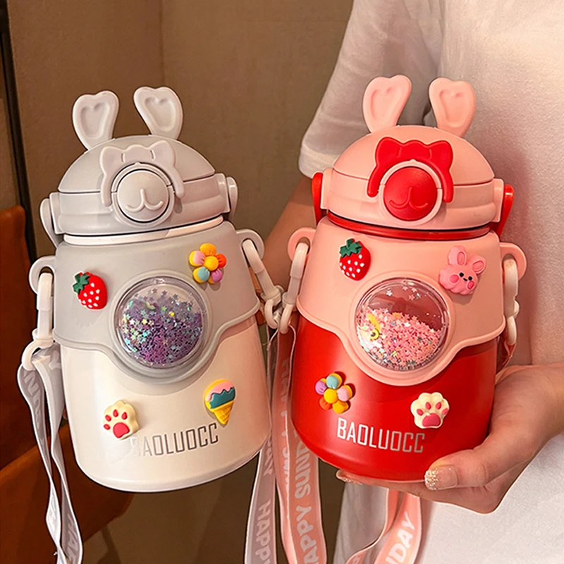 

850 ML Cute Cartoon Big Belly Cup Stainless Steel Portable Strap Large Capacity Kids Thermos Water Bottle With Straw For Girls