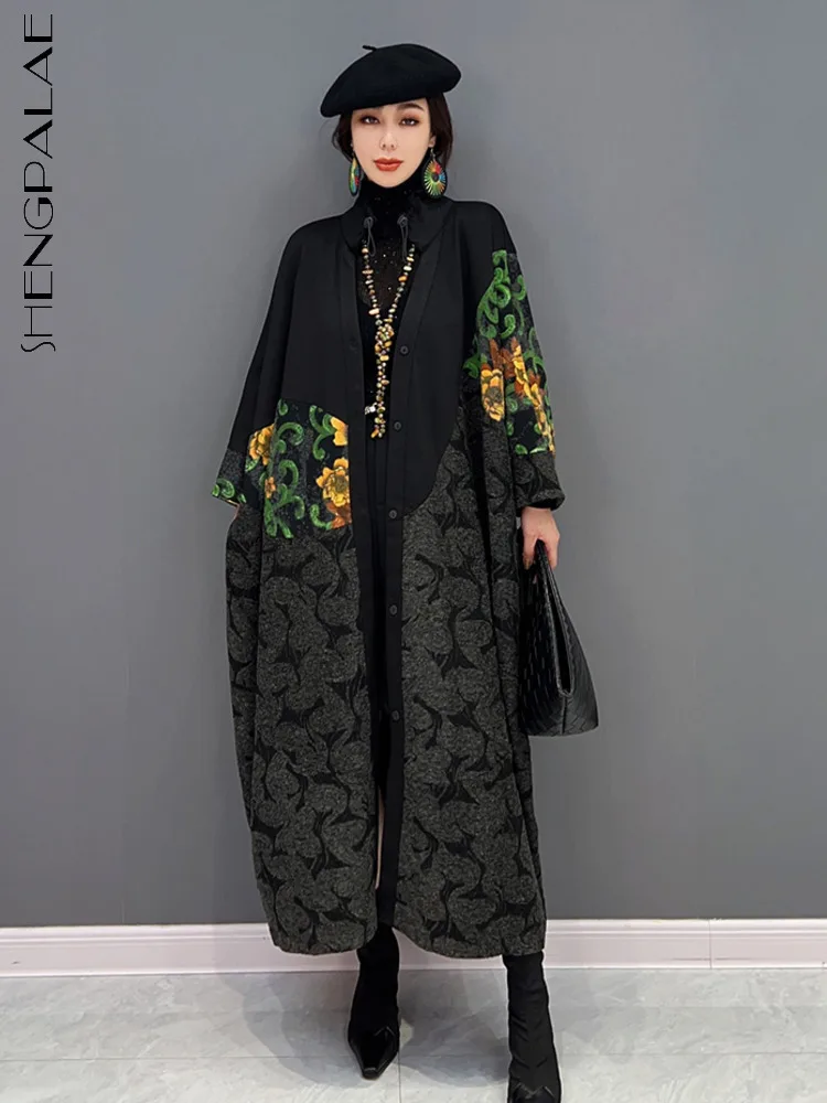 

SHENGPALAE Patchwork Windbreaker Women Print Pattern Full Sleeve Elegant Casual Pleated 2023 New Floral Single Coat Trench 5R520