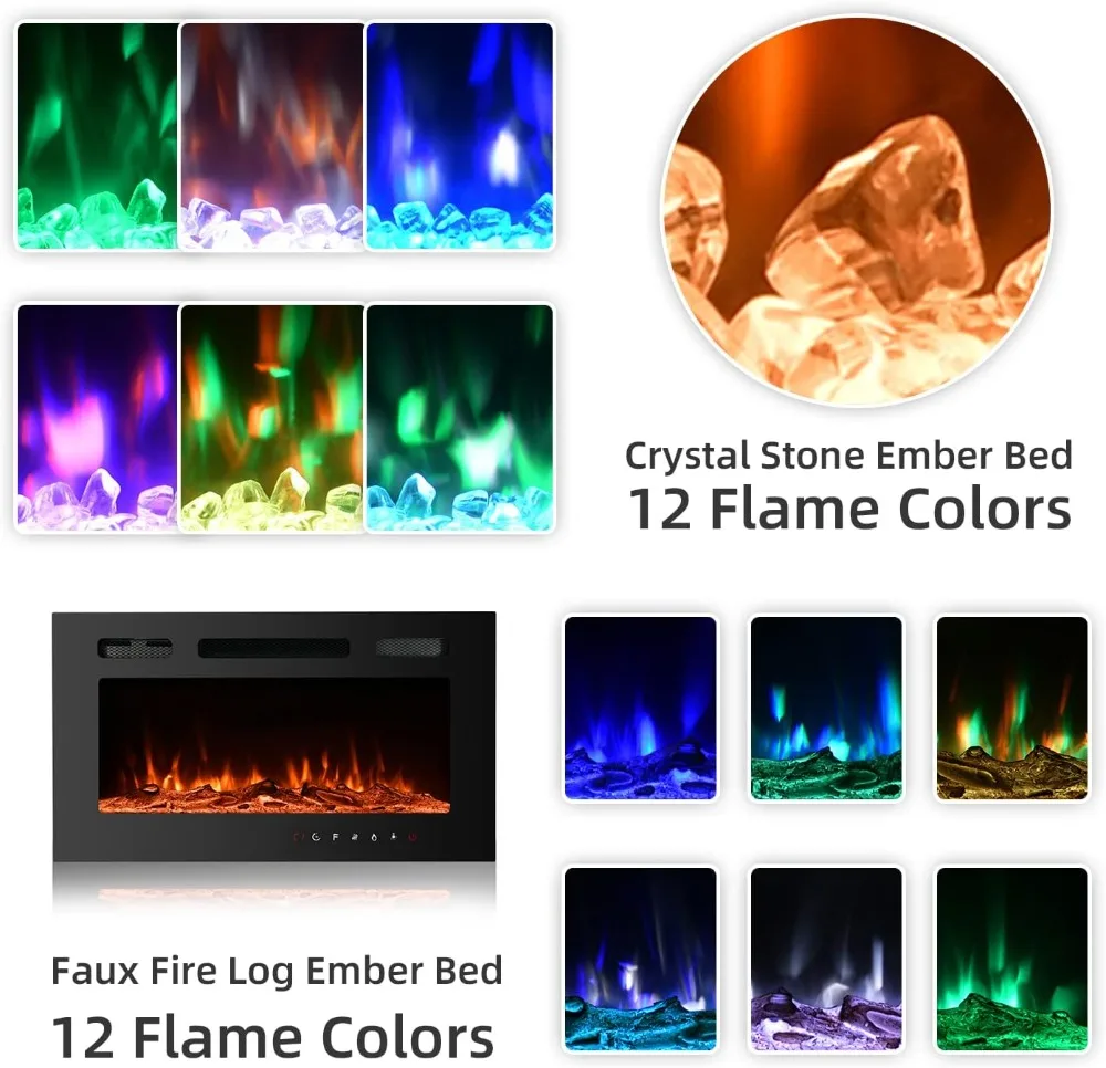 70'' Floating TV Stand with 36'' Electric Fireplace, 12 Flame Colors, Heater for TVs Up to 80'', Black Entertainment Center