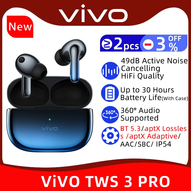 TWS-наушники Vivo с активным шумоподавлением и поддержкой Bluetooth 5,3 TWS-наушники Vivo с активным шумоподавлением и поддержкой Bluetooth 5,3