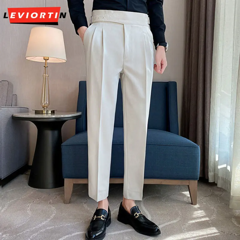 

British Style Men High Waist Casual Dress Pant Men Belt Design Slim Trousers Formal Office Social Wedding Party Dress Suit Pants