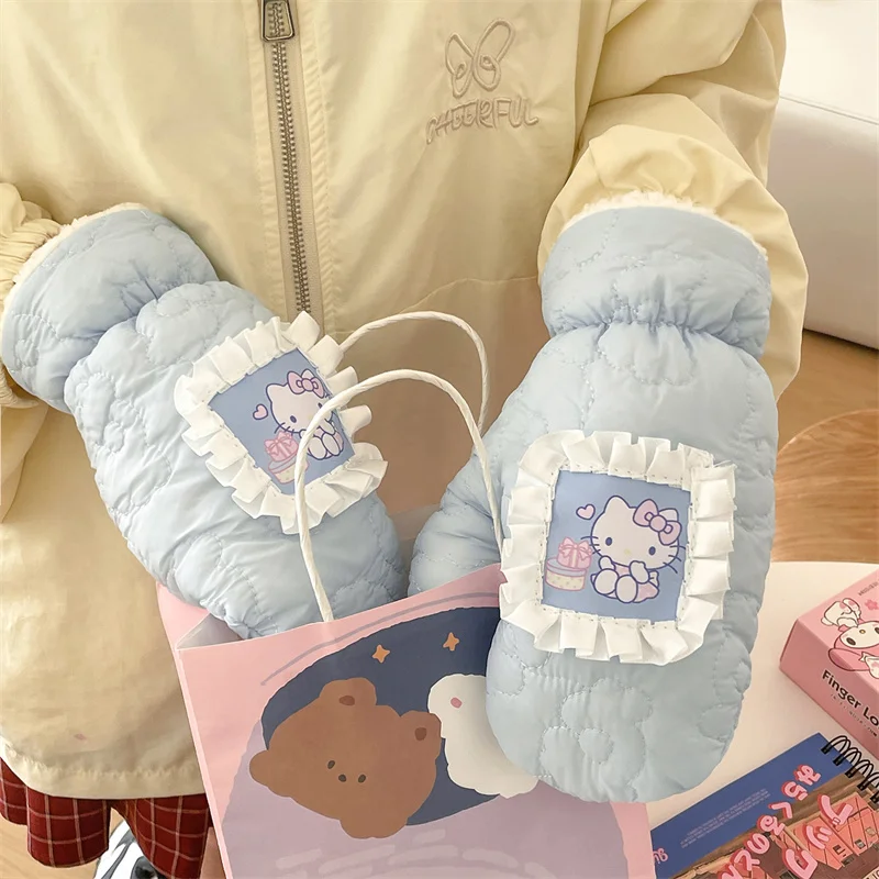 

Kawaii Girl Heart HelloKitty Cold Gloves Winter Thickened and Warm Student Riding Gloves Girl Birthday and Christmas Gift
