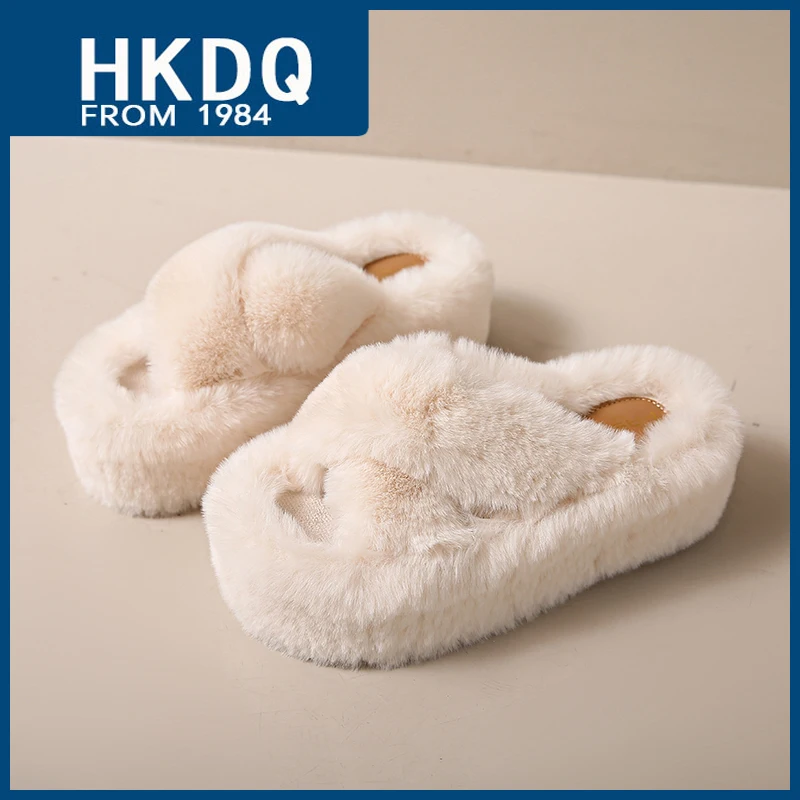 

HKDQ Winter Platform Fur Slippers Women Fashion White Indoor Plush Slippers Woman Comfortable Soft Fluffy Women's Home Slippers