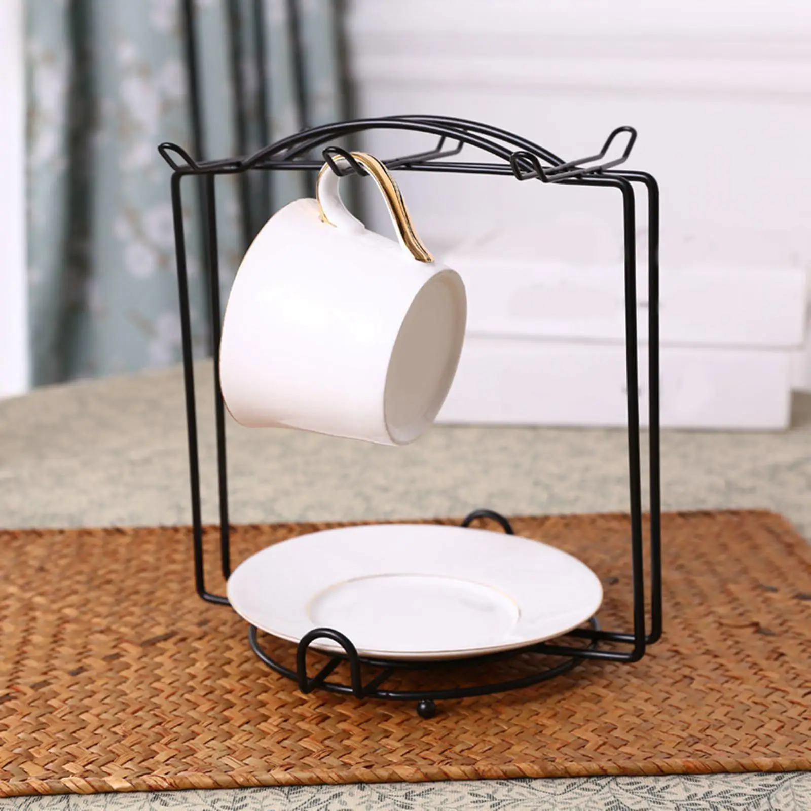 SANON Porta Tazze Da Caffè In Metallo Con Base In Legno – 4 Ganci A Foglia, Autoportante, 18x40 Cm (rame)