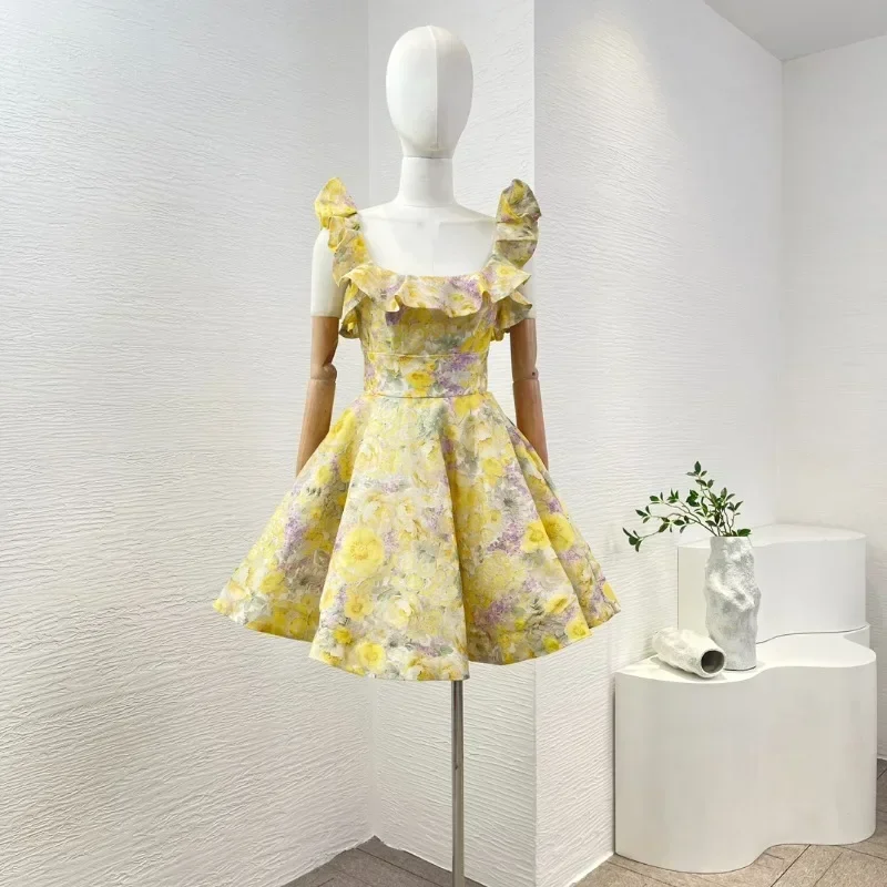 

2024 New Women Pale Yellow Citrus Flower Print Ruffle SLeeveless Hollow Out Backless Self Bow Tie Mini Dress